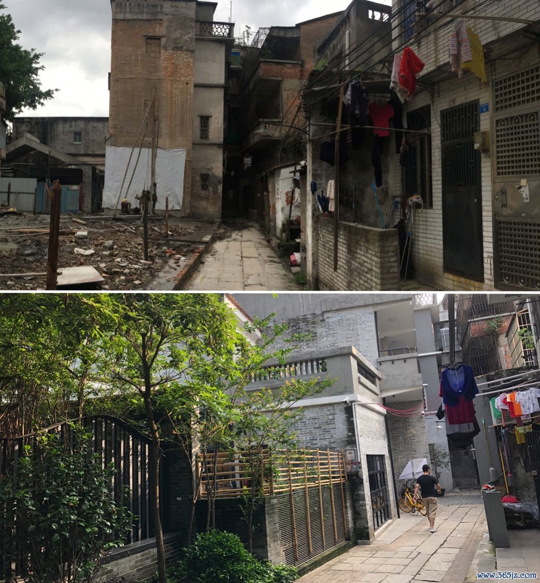 广州泮塘五约外街纠正前(上图)后(下图)对比。受访者供图